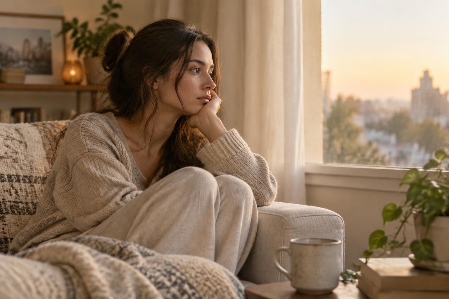 Mujer joven pensativa mirando por la ventana