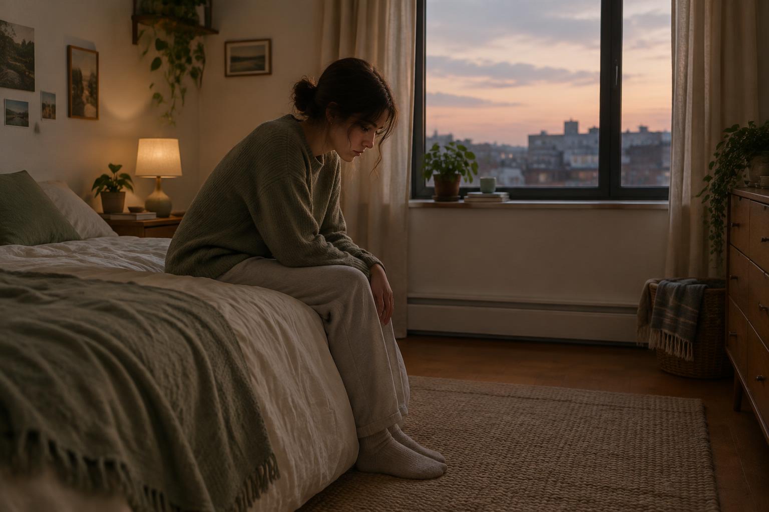 Persona sentada en el borde de la cama al atardecer
