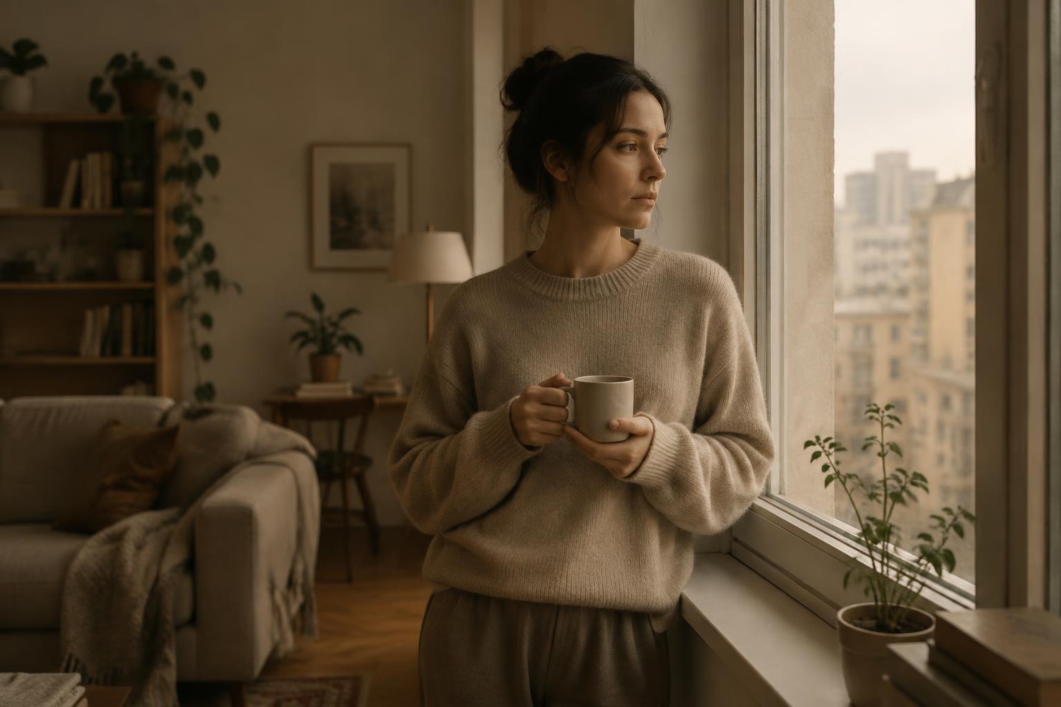 Persona junto a la ventana con una taza, pensativa