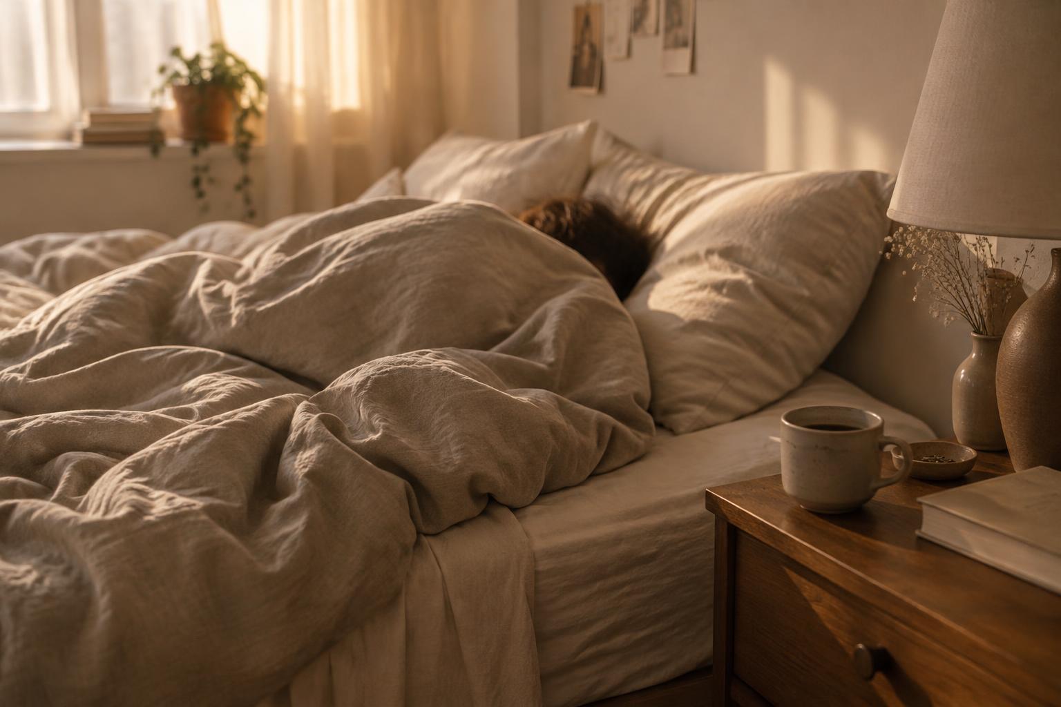 Cama sin hacer con la luz de la mañana entrando