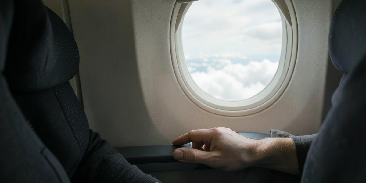 Ventanilla de avión con nubes al fondo y una mano apoyada en el reposabrazos