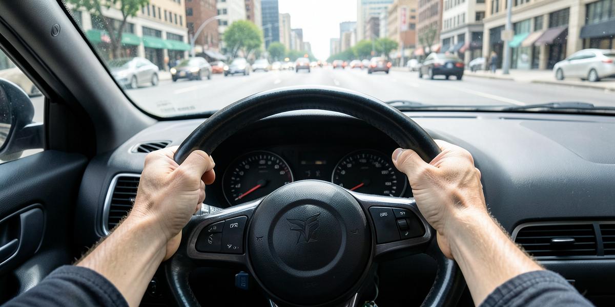 Manos sujetando el volante de un coche con una avenida urbana al fondo