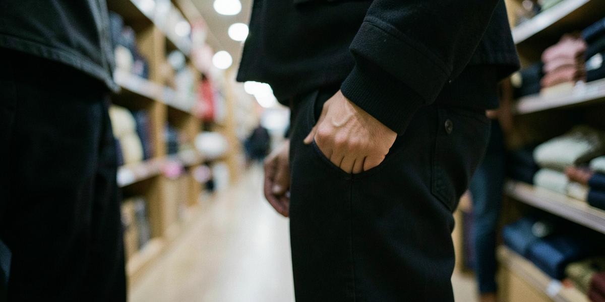 Persona con la mano en el bolsillo caminando por el pasillo de una tienda de ropa
