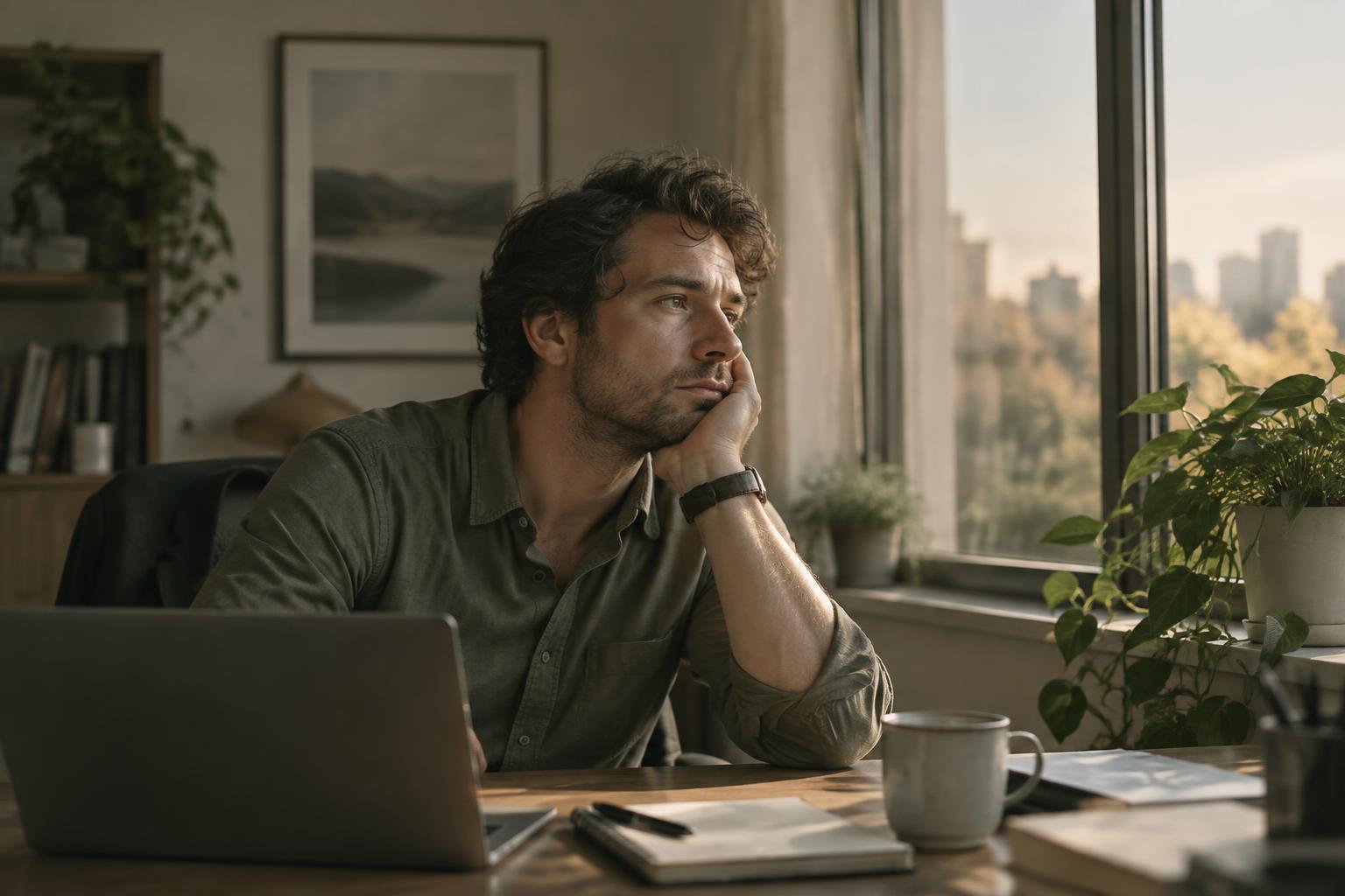 Hombre en su escritorio mirando por la ventana al volver al trabajo en septiembre