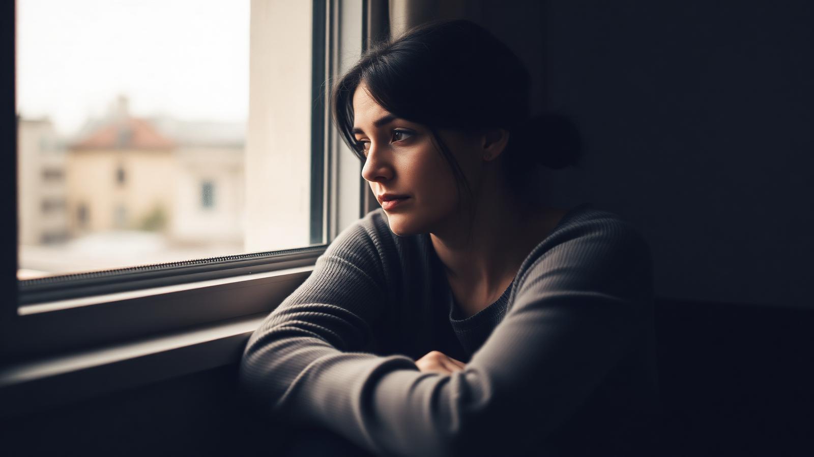 Mujer mirando por la ventana con expresión melancólica y cansada, representando la distimia o depresión crónica