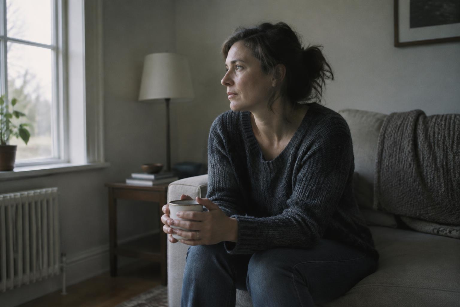 Mujer sentada sola en el sofá de su casa sosteniendo una taza y mirando por la ventana