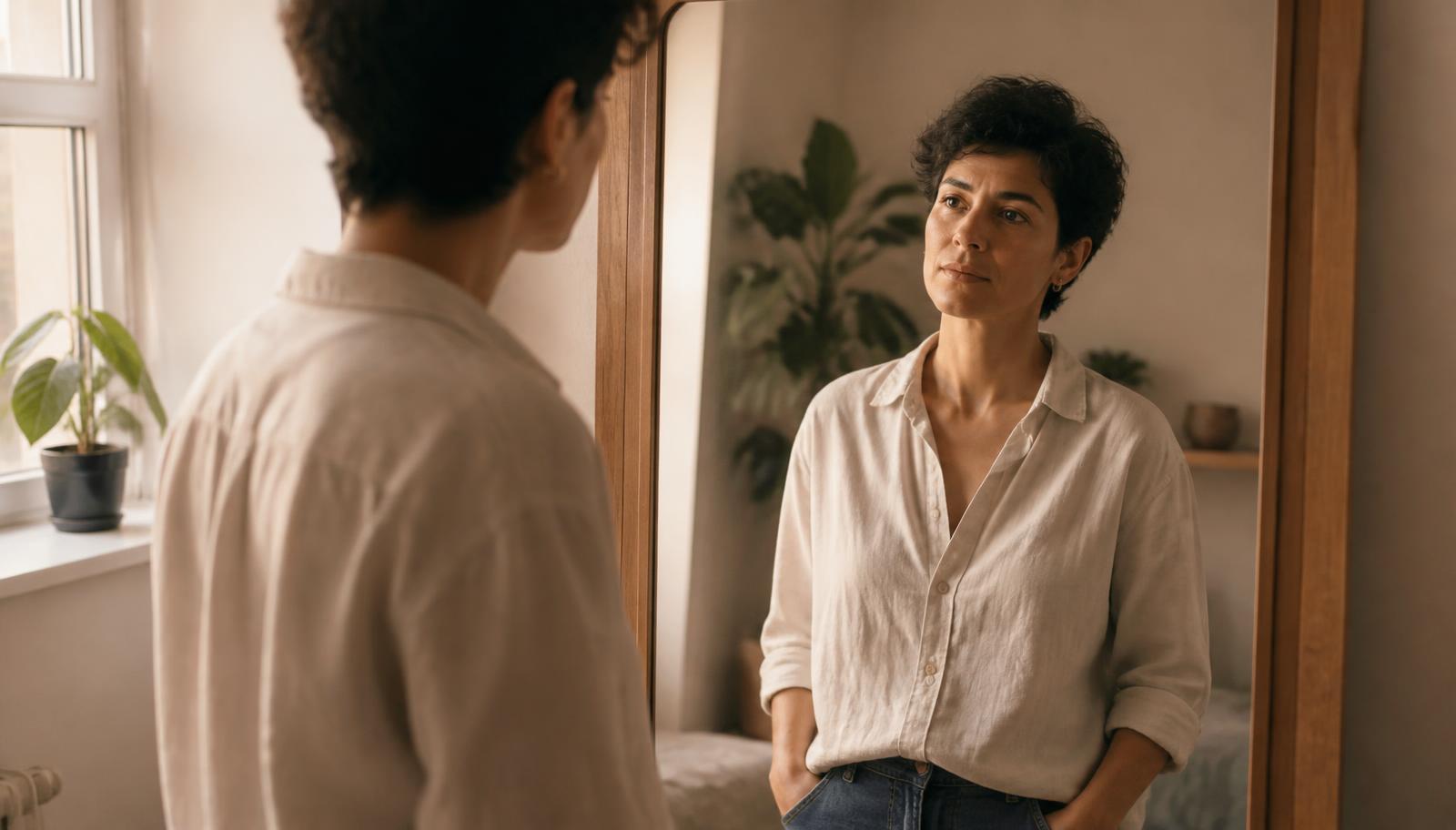 Persona mirándose con expresión serena en un espejo de cuerpo entero en una habitación con luz natural cálida