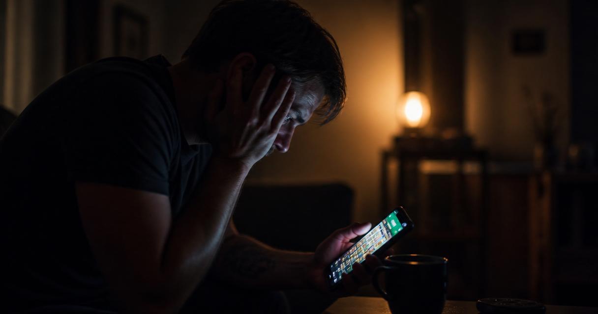 Persona sola por la noche absorta en el móvil con una app de apuestas, representando la adicción al juego online