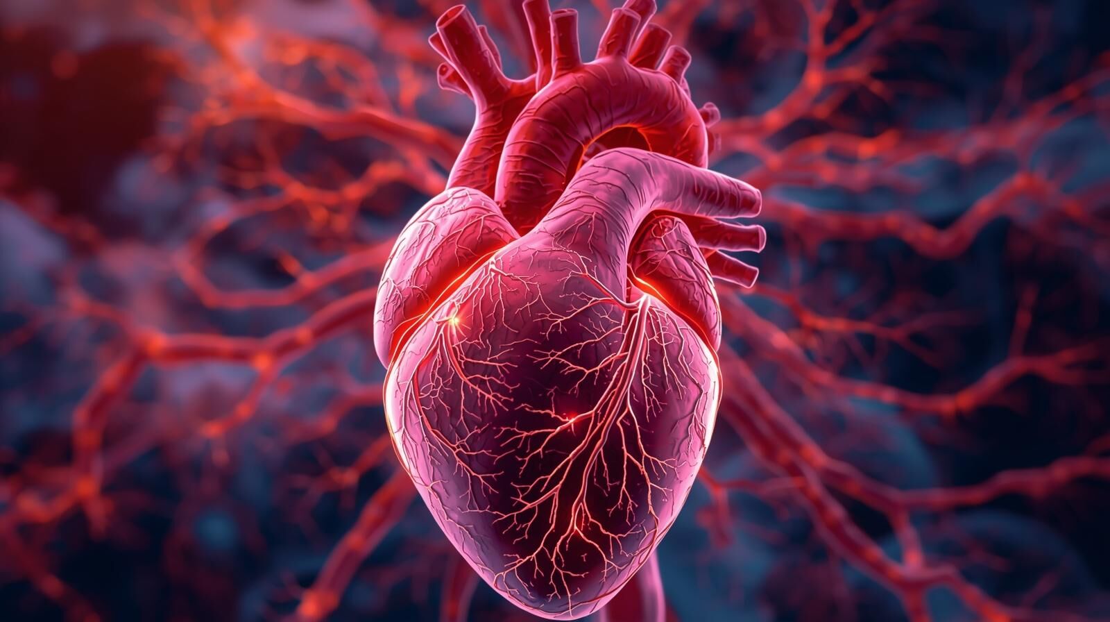 Ilustración de un corazón humano con una red neuronal brillante que representa las 40.000 neuronas del cerebro cardíaco