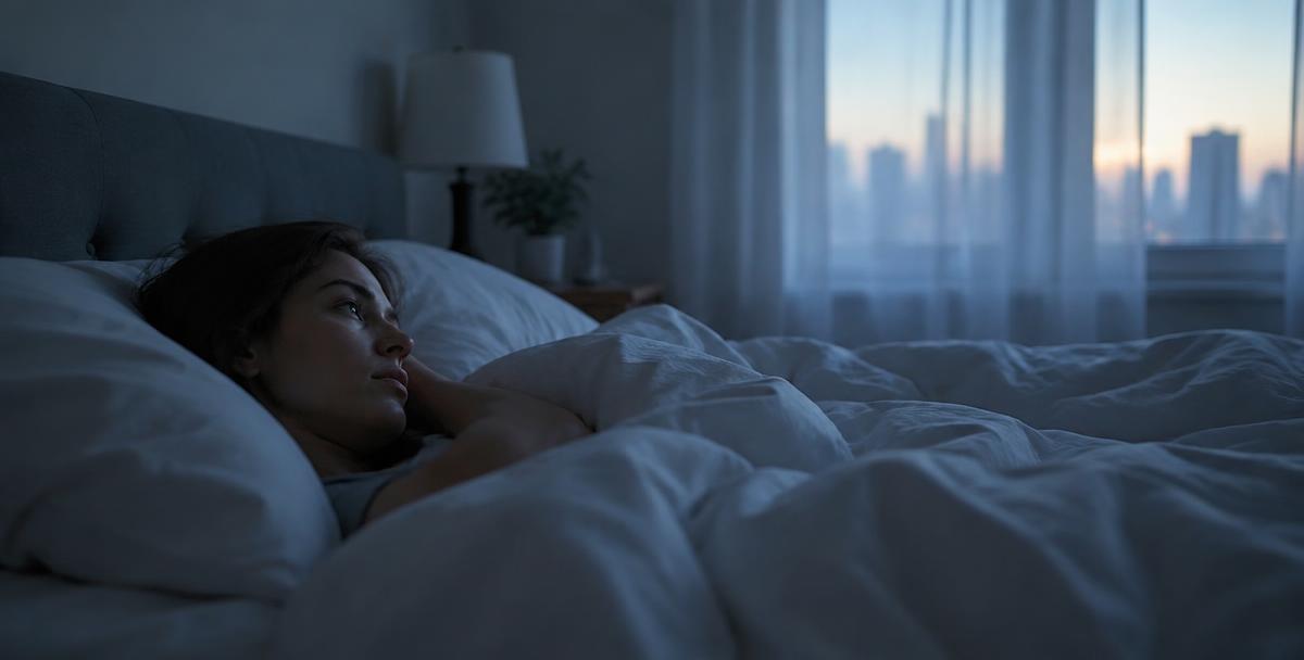 Persona despierta en la cama al amanecer con luz azulada entrando por la ventana