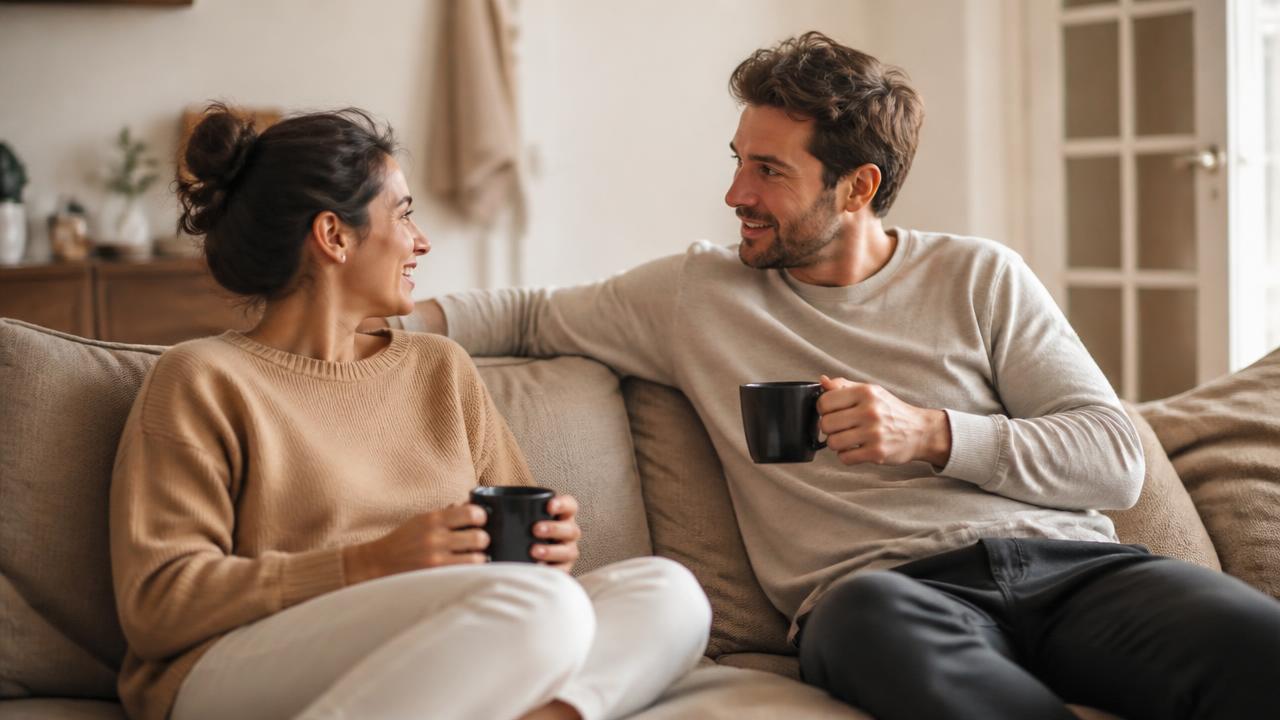 Pareja conversando relajadamente en el sofá de casa con luz natural cálida
