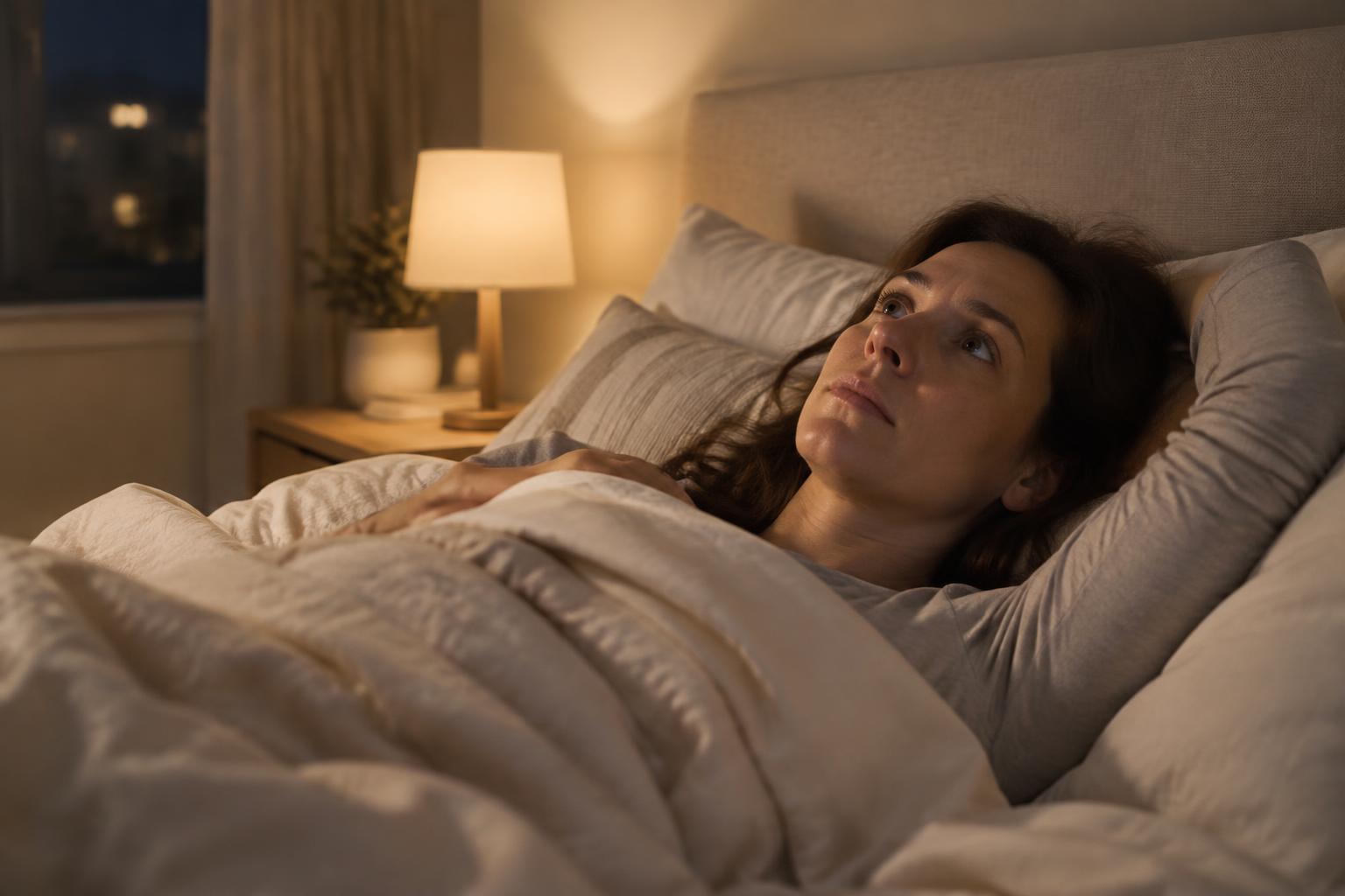 Mujer despierta en la cama de noche mirando al techo, pensativa