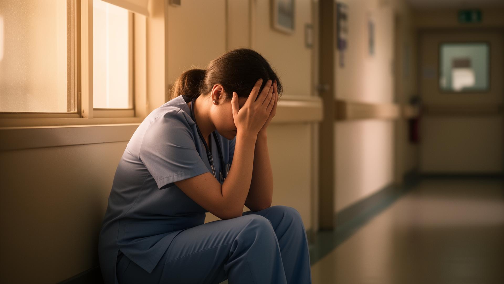 Profesional sanitaria en un momento de reflexión y pausa, representando el desgaste emocional del trauma vicario