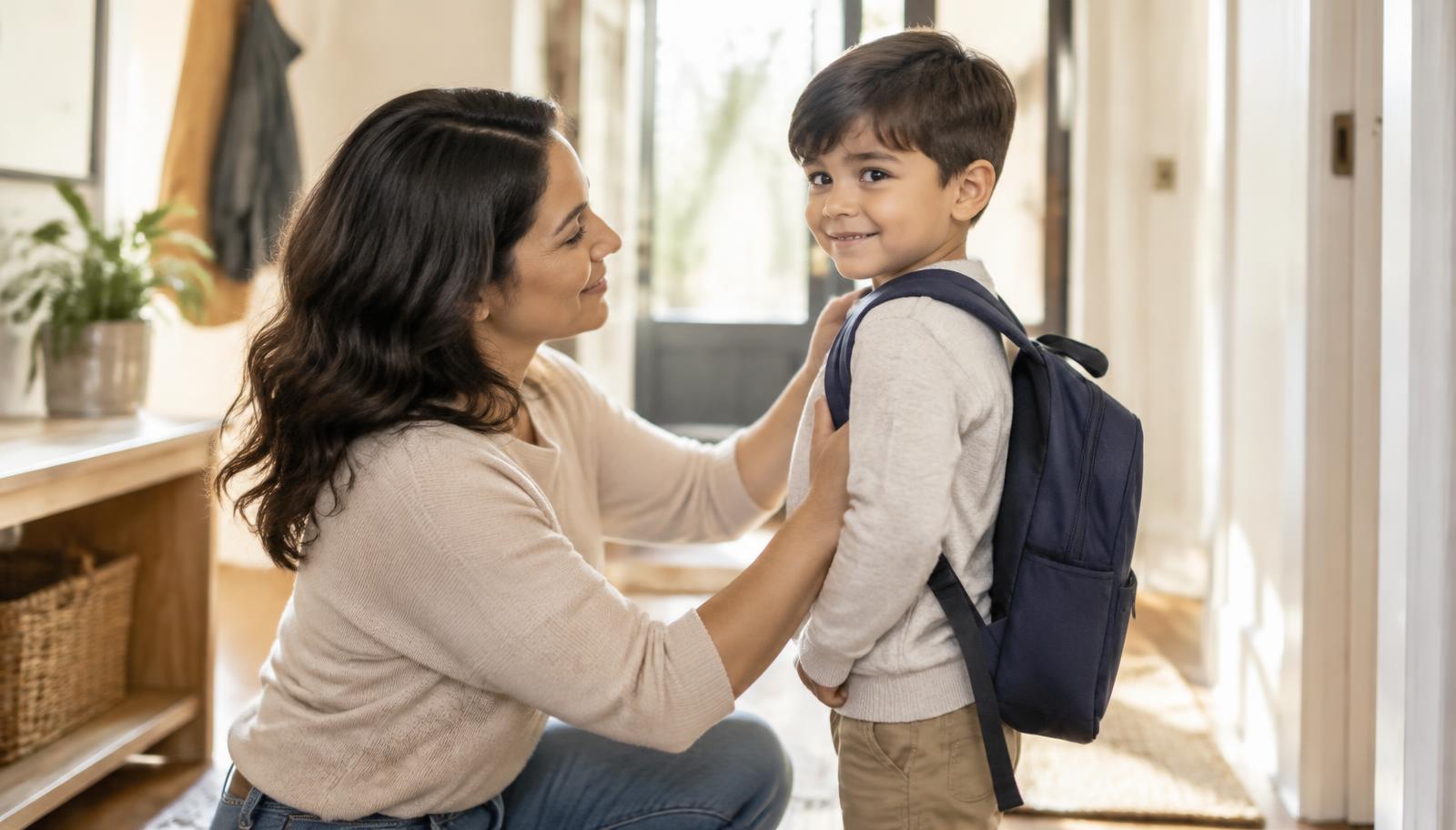 Madre ayudando a su hijo a ponerse la mochila antes de ir al colegio